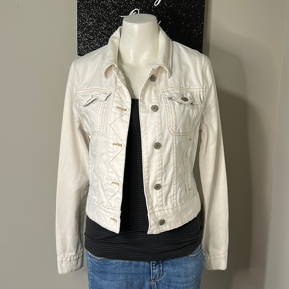 Free People Kiel Wash Off White Denim Jacket Pockets Front Zip Sz S - Picture 4 of 12